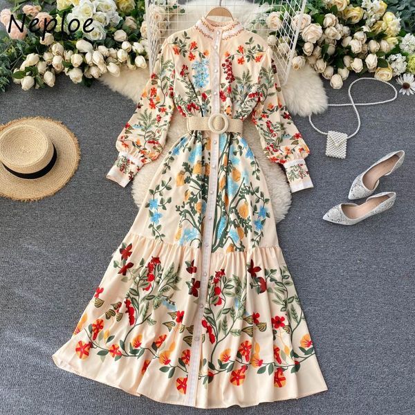 Neploe Autumn Chic Sashes Flower Print Abiti Donna Squisito Button Vintage Dress Stand Collar Vita sottile Vestidos 210423