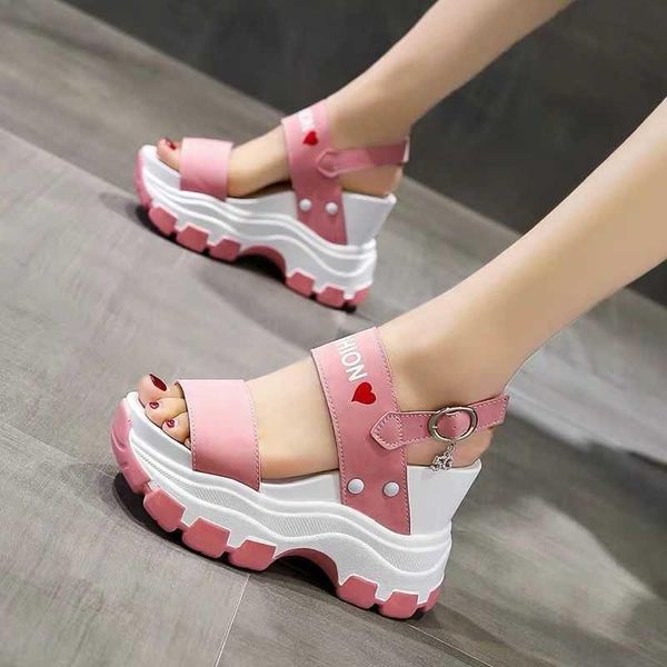 

sandals and korean station net red thick bottom slope heel women's 2021 summer muffin small height 10cm high, Black