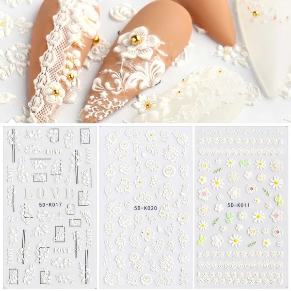 1sheet Beyaz Kabartmalı Çiçek Dantel Tırnak Etiketi 5D Çiçek Düğün Tırnakları Sanat Tasarım Kelebek Manikür Çıkartmaları
