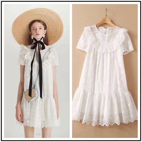 

summer women's clothing age reducing temperament heavy industry embroidery hollow out round neck ruffle loose short sleeve two piece dr, White