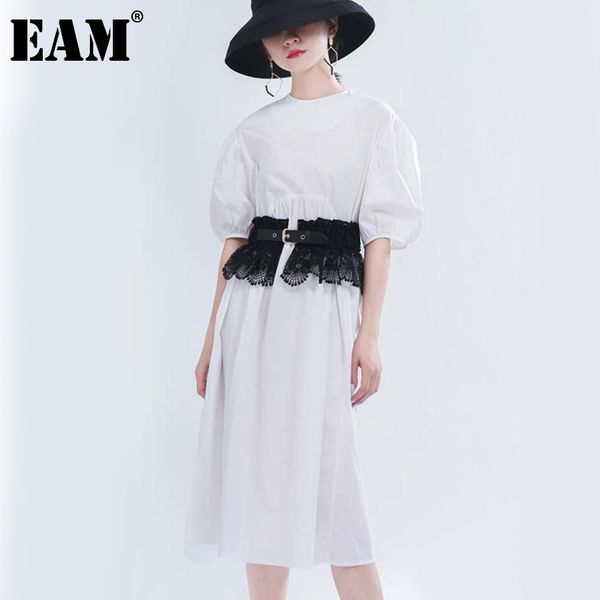 

[eam] women white brief temperament dress round neck half lantern sleeve loose fit fashion spring summer 1t654 21512, Black;gray