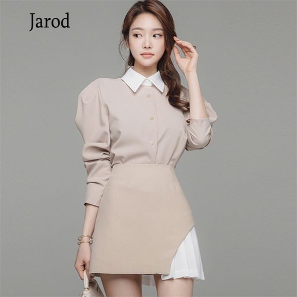 

spring 2 pieces set white patchwork turn down collar puff sleeve simple blouses & bodycon pleated mini skirt office lady suit 210519