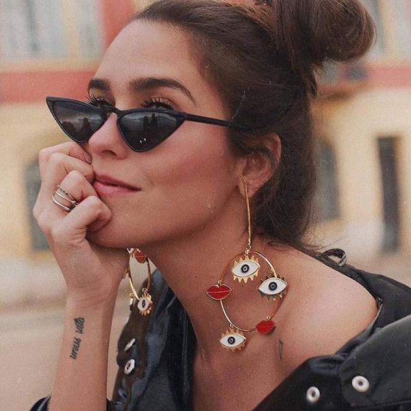 

fashion exaggerated large circle lips evil eyes big hoop earrings for women bohemian loop dangle drop jewelry & huggie, Golden;silver