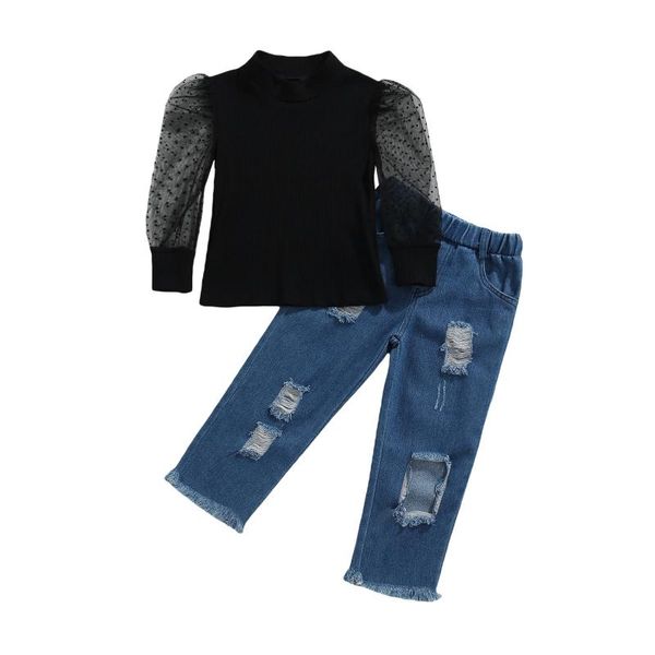 

clothing sets girls fall clothes set dot print mesh sleeve ripped denim pants 2 pcs suit baby outfits for kids, White