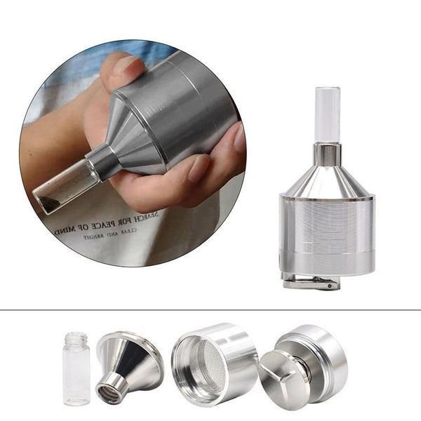 Accessori per fumatori Imbuto in metallo di alluminio Mulino manuale 44mm Smerigliatrice per erbe con tabacco da fiuto Snorter Bottiglia di vetro Polvere Spice Press Crusher ZL0446