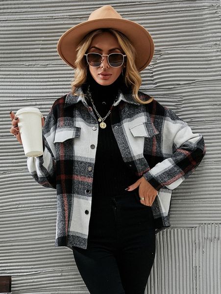 

plaid single breasted drop shoulder overcoat k4p7#, Black