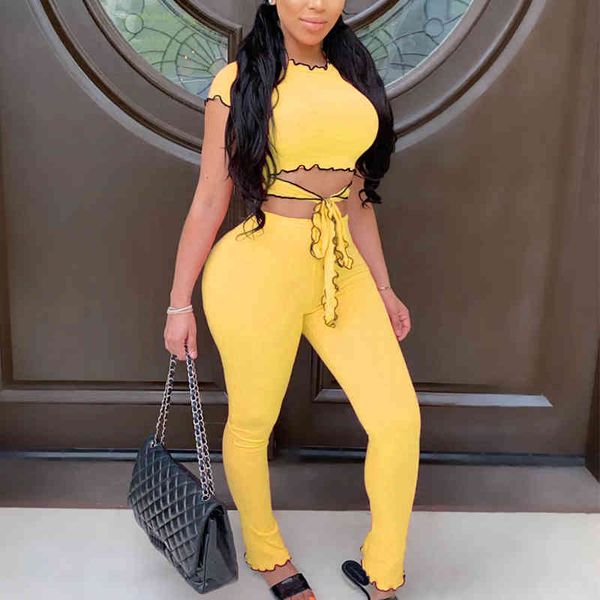 

pants ruffles women two piece sets short sleeve matching set female crop and long pants casual streetwear tracksuits, White