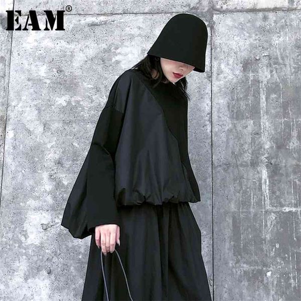 

[eam] women contrast color pleated split big size t-shirt new round neck long sleeve fashion tide spring autumn 1r461 210401, White