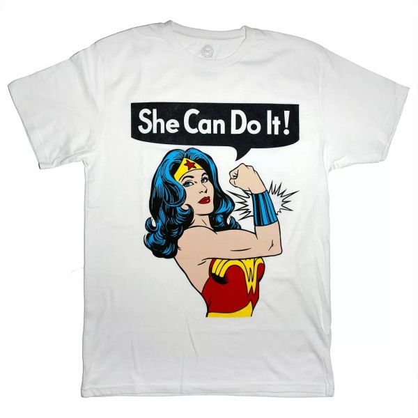 

DC comics WONDER WOMAN She Can Do It T Shirt Adult Unisex Sizes S to 2XL, White;black