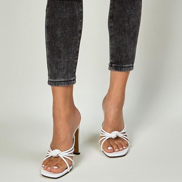 

summer high heels slippers women sandals square open toe ladies shoes white narrow band female outdoor slides, Black