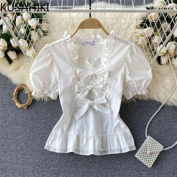 

sweet ruffle square collar women blouse korean puff sleeve bowknot blusas shirt bandage slim waist short 6j002 210603, White