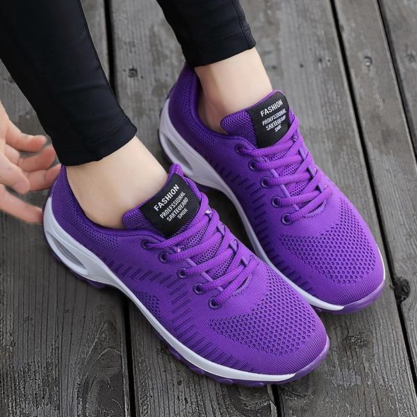 Mais novo Chegada Feminina Moda Feminina Correndo Sapatos de Almofada Sapatilhas Vermelho Roxo Primeira Primavera Cross-fronteira Tecelando Respirável Na moda Rodar Casual