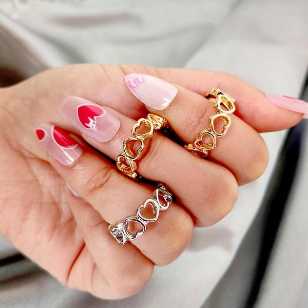 

trendy hollow heart link rings for women gold silver color romantic casual wedding engagement party jewelry, Slivery;golden