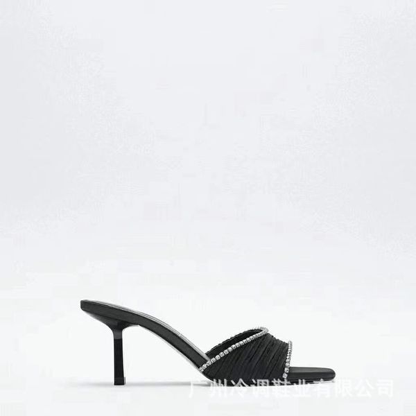 

thin high-heeled slippers women's summer french square head one foot pedal wear high-heeled women's cool slippers, Black