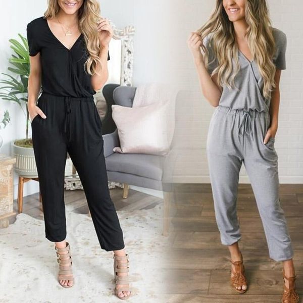 

women's jumpsuits & rompers women deep v neck short sleeve jumpsuit drawstring hight waist with pockets -opk, Black;white