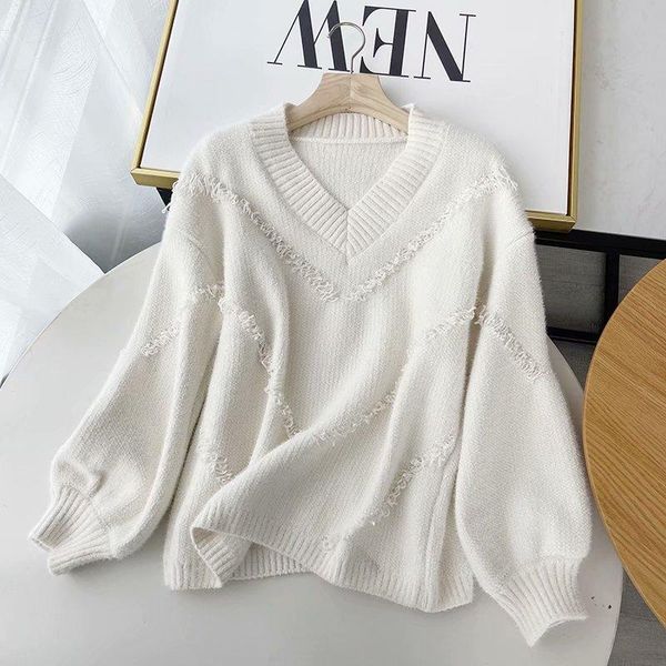 

women's sweaters zcsmll v collar knitted women pullover loose big size winter autumn jumper solid color casual female sweater 2021 tide, White;black