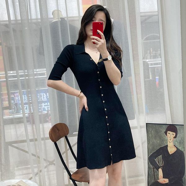 

two piece dress fadan mj21 spring and summer elegant slim knit temperament light ripe metal button v-neck medium sleeve small black, White