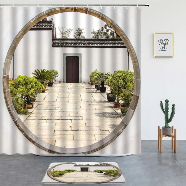

shower curtains chinese garden landscape print set rug unique room decoration bath mats bathroom screen entrance door mat carpet
