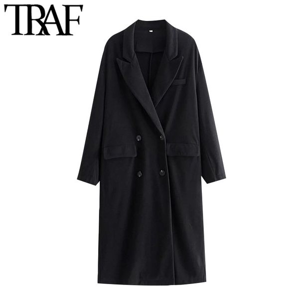 

traf women fashion double breasted loose woolen coat vintage long sleeve pockets female outerwear chic overcoat 210415, Black