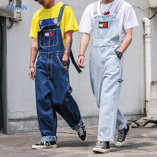 

men's jeans back belt pants fashion brand loose tooling wide leg one piece vintage daddy suspenders, Blue