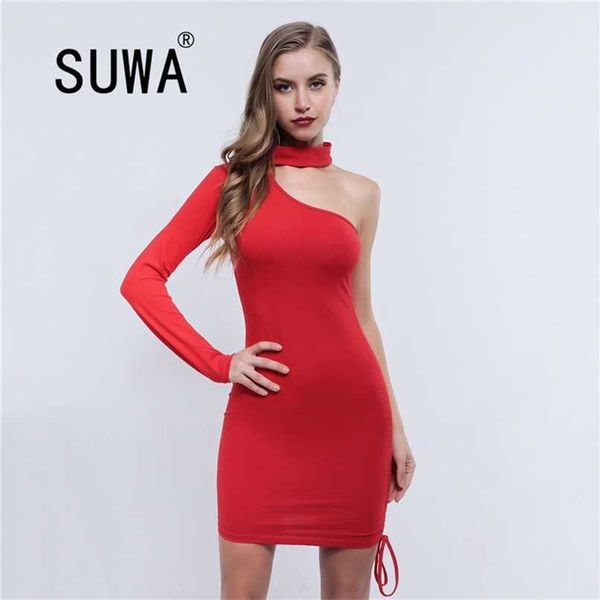 

all red trendy chic one shoulder long sleeve bodycon women dresses elegant lady dress party night club 210525, Black;gray