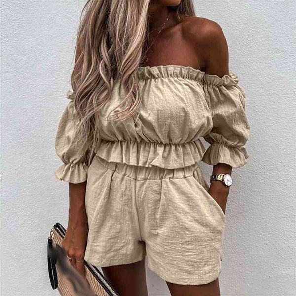 

solid ruffles off shoulder women shorts set slash neck crop and high waist bottom ladies summer beach style casual, Gray