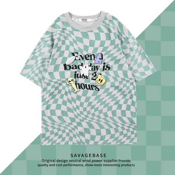 

street fashion brand couple's 2021 new checkerboard lattice printing contrast cartoon youth t-shirt, White