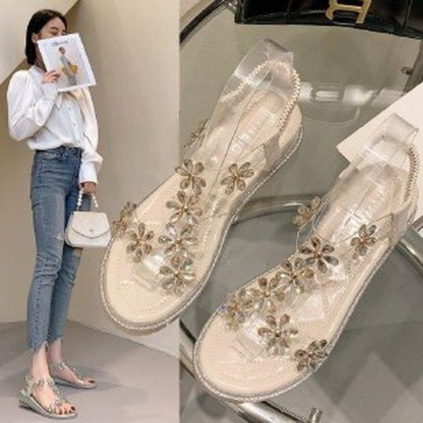 

crystal sandals women summer women's korean version flower diamond thick heel one high fashion 2021, Black