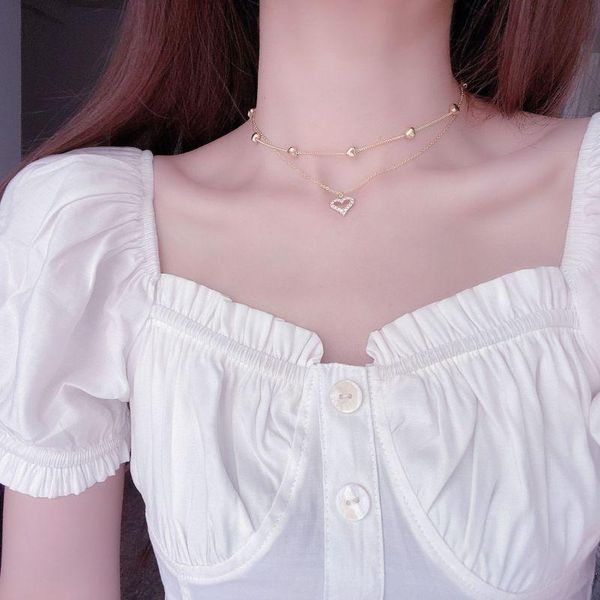 

chains moflo shining bling 14k real gold double layer heart necklace cubic zircon clavicle chain pendant for girl, Silver