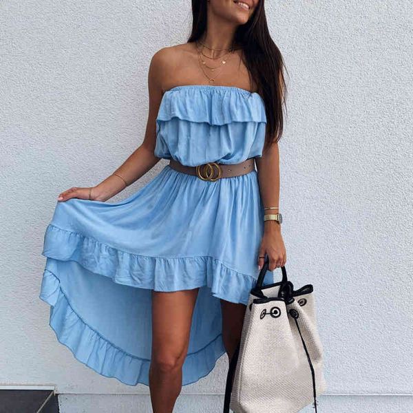 

women loose solid dress off shoulder summer strapless waist female dress elegant dresses holiday beach ruffles dress 210514, Black;gray