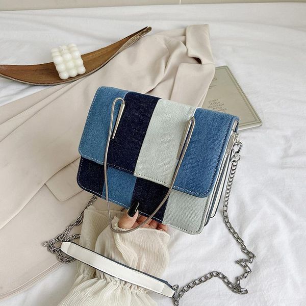 

fashion design women's denim stitching crossbody bags elegant female chain purse handbag retro ladies small square shoulder