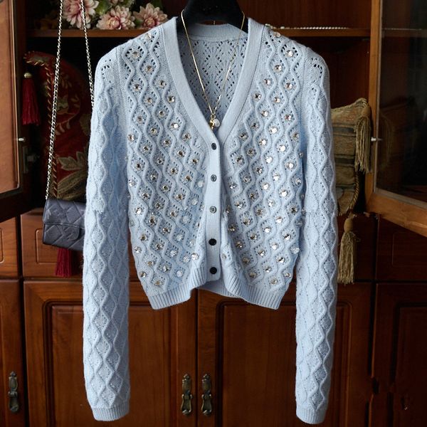 

t shirt women's cropped cardigan 2021 spring brand designer v neck diamonds beaded short knitted jersey female sweater jacket outwear, White