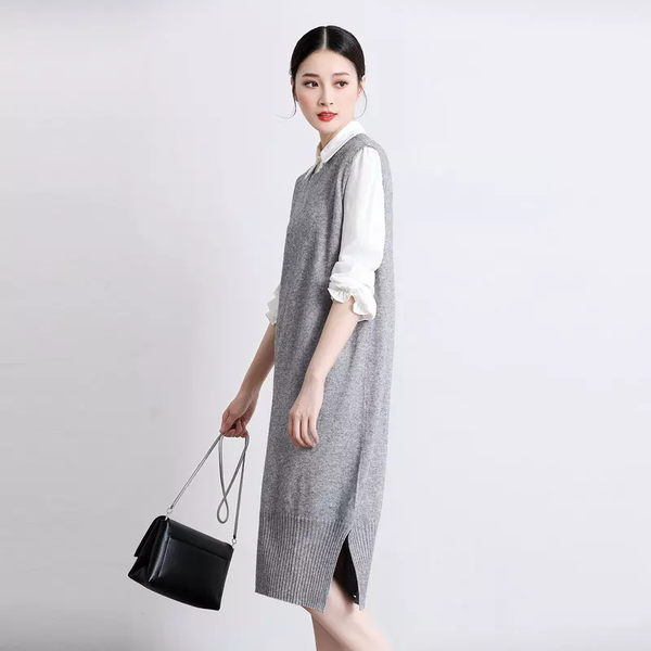 

women's vests 2021 cashmere & wool vest women sweater long paragraph sleeveless pullover o-neck simple fashion female dress, Black;white