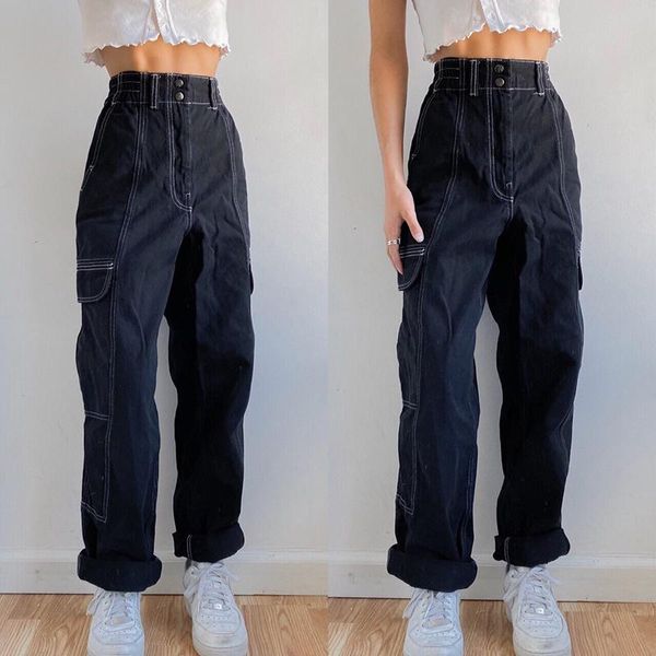 

women's jeans bright light pockets zipper y2k pants high waisted mom straight denim vintage streetwear solid baggy cargo simple, Blue