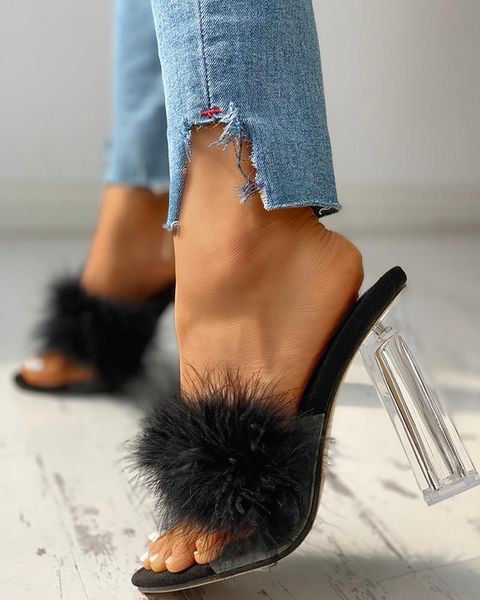 

fluffy open toe transparent chunky heeled sandals pink vacation shoes, Black