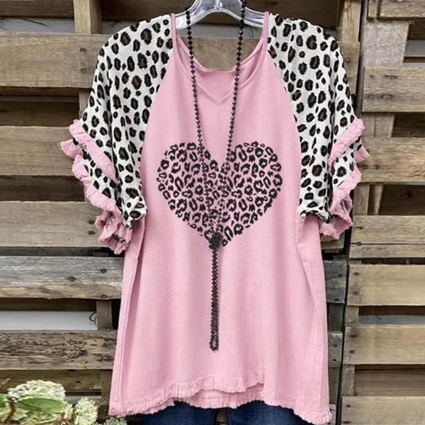 

women's t-shirt plus size women 2021 summer leopard heart printed t shirt casual white loose short sleeve camisas mujer