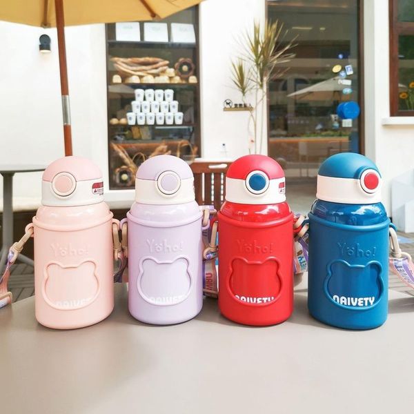 

water bottles 450ml cute cartoon bottle for with silicone sleeve bouncing cover 316 stainless steel straw thermal