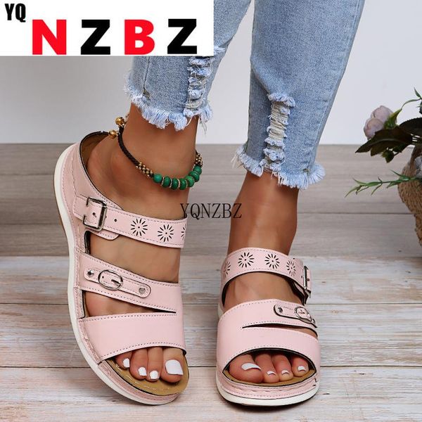 

sandals summer women's slippers outdoor platform wedge flip flops 2021 soft fretwork pu leather comfortable casual sandalias, Black