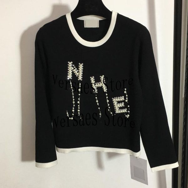 

women's sweaters 2021 luxury design fashion pearl diamond letter long sleeve sweater temperament versatile round neck knitted, White;black