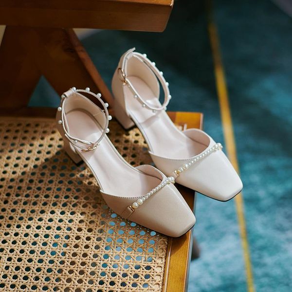 

sandals pearl block heels 2021 summer buckle sale of women's shoes square toe suit female beige large size chunky girls high, Black