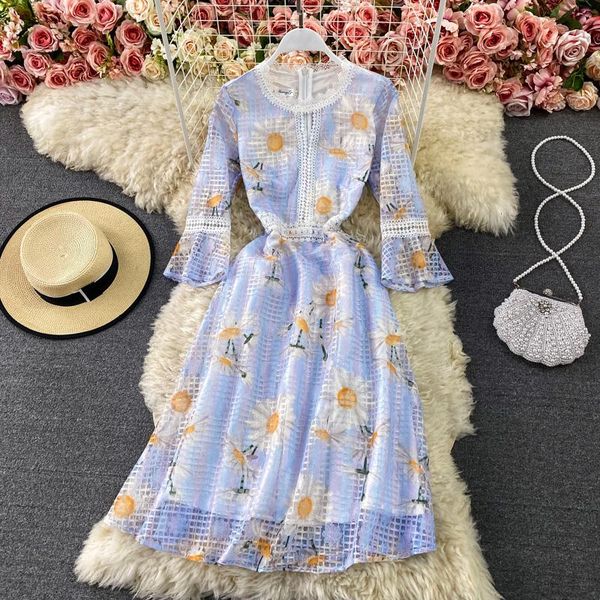 

spring fashion temperament vestidos female round neck three-quarter sleeves waist cut lace a-line midi dress 402 casual dresses, Black;gray