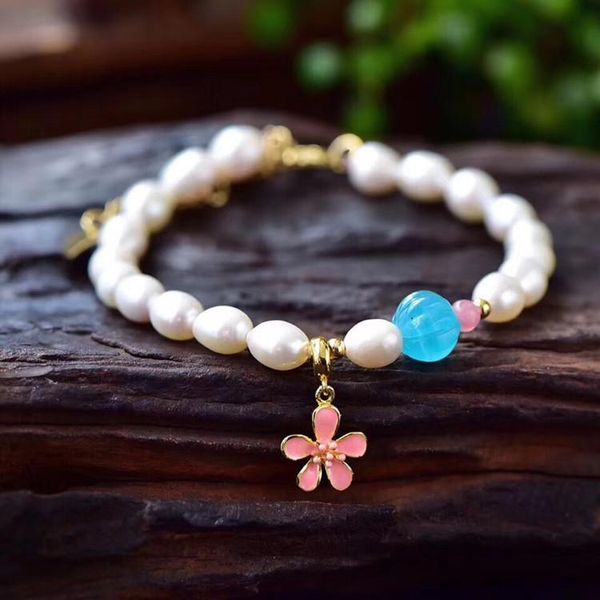 

tianhe stone rice pearl pink flower bracelet link, chain, Black