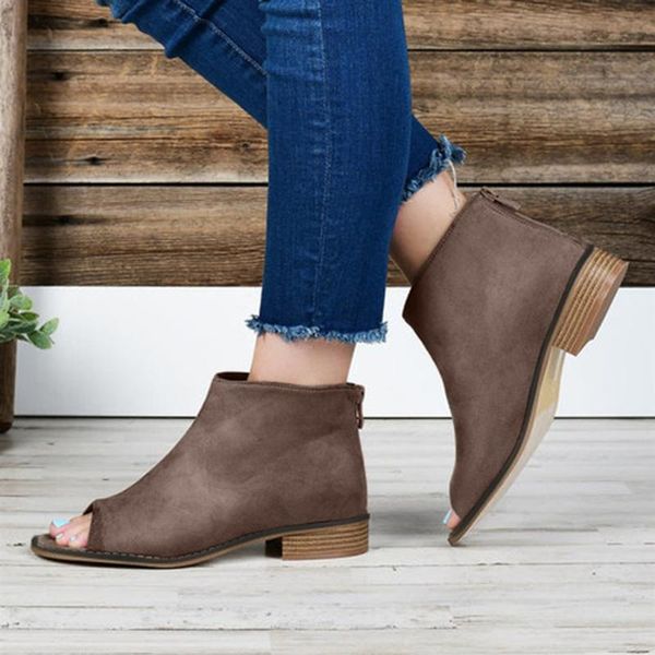 

boots fish mouth casual women nice fashion square heel solid zipper ankle for winter shoes booties mujer, Black