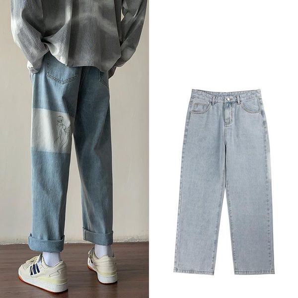 

men's jeans 2021 homme men summer thin straight tube loose high waist show cashew flower wide leg daddy pants streetwear 2xl, Blue
