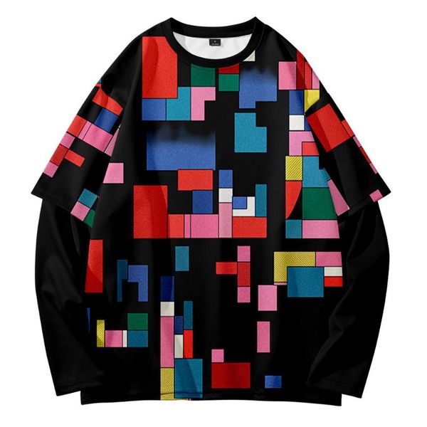 

men's hoodies & sweatshirts square stitching retro trend street shooting summer leisure fake two round neck sweater, Black