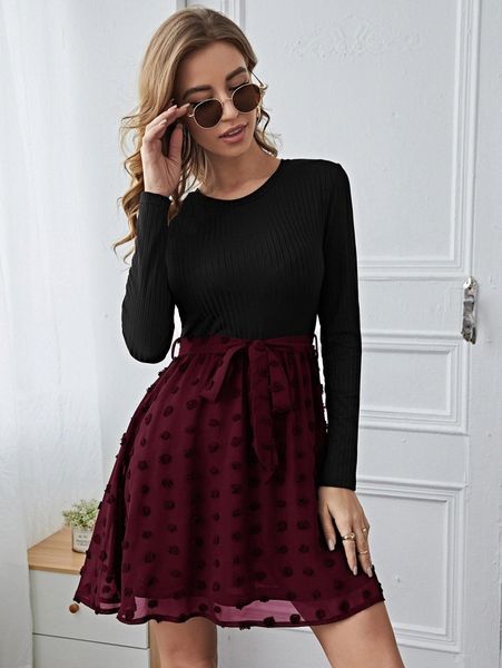 

colorblock swiss dot belted dress r2m7#, Black;gray