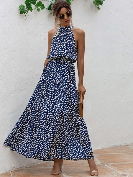 

all over print belted halter dress she, Black;gray