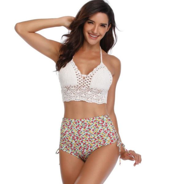 

women's swimwear crochet bikini set swimsuit women 2021 halter high waist cute bathing suit backless hollow out ladies, White;black