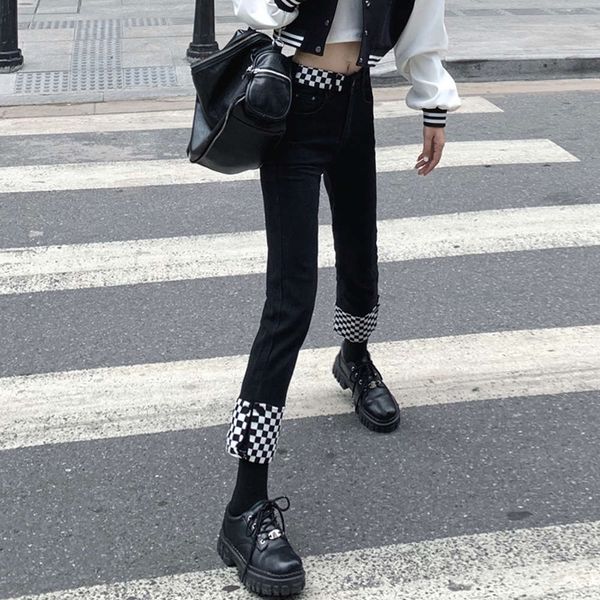 

high waist women slim chessboard stitched capris autumn street tube wide leg pants, Blue