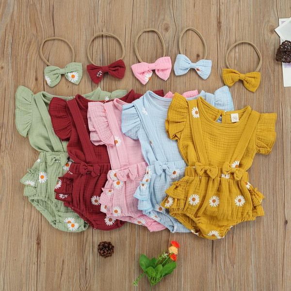 

clothing sets baby girls 3pcs summer clothes outfits solid color sleeve round neck tshirt daisy print suspender pants bowknot headband, White